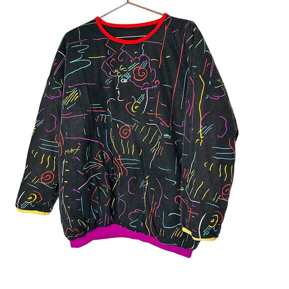 PETER MAX Vintage Custom Design Geo Face Neon Sign Reversible Sweatshirt Size L - Picture 5 of 9